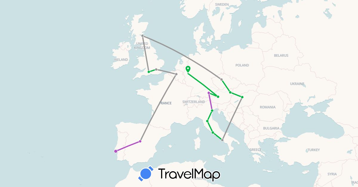 TravelMap itinerary: bus, plane, train in Austria, Belgium, Czech Republic, Germany, Spain, United Kingdom, Hungary, Italy, Portugal (Europe)